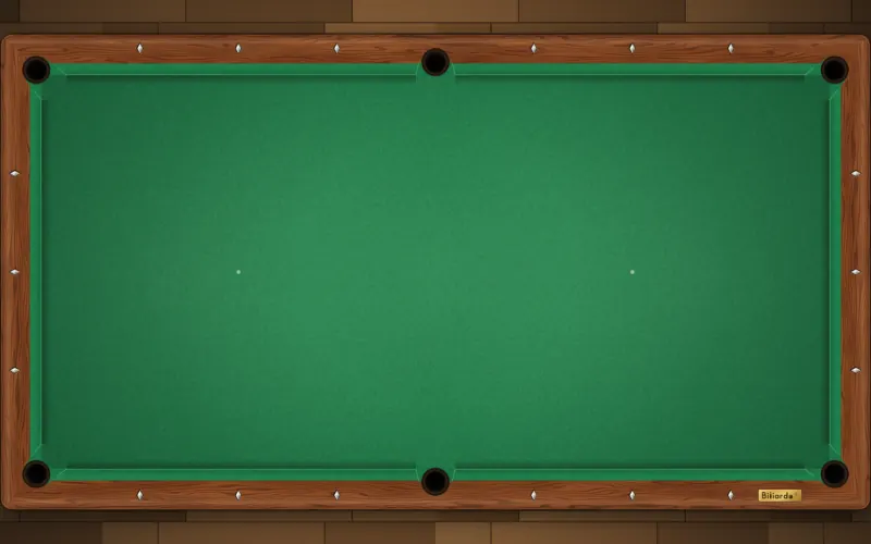 Il tavolo da pool con le sei buche, le quindici bilie della palla 8 strette nel triangolo e la bianca pronta per la spaccata