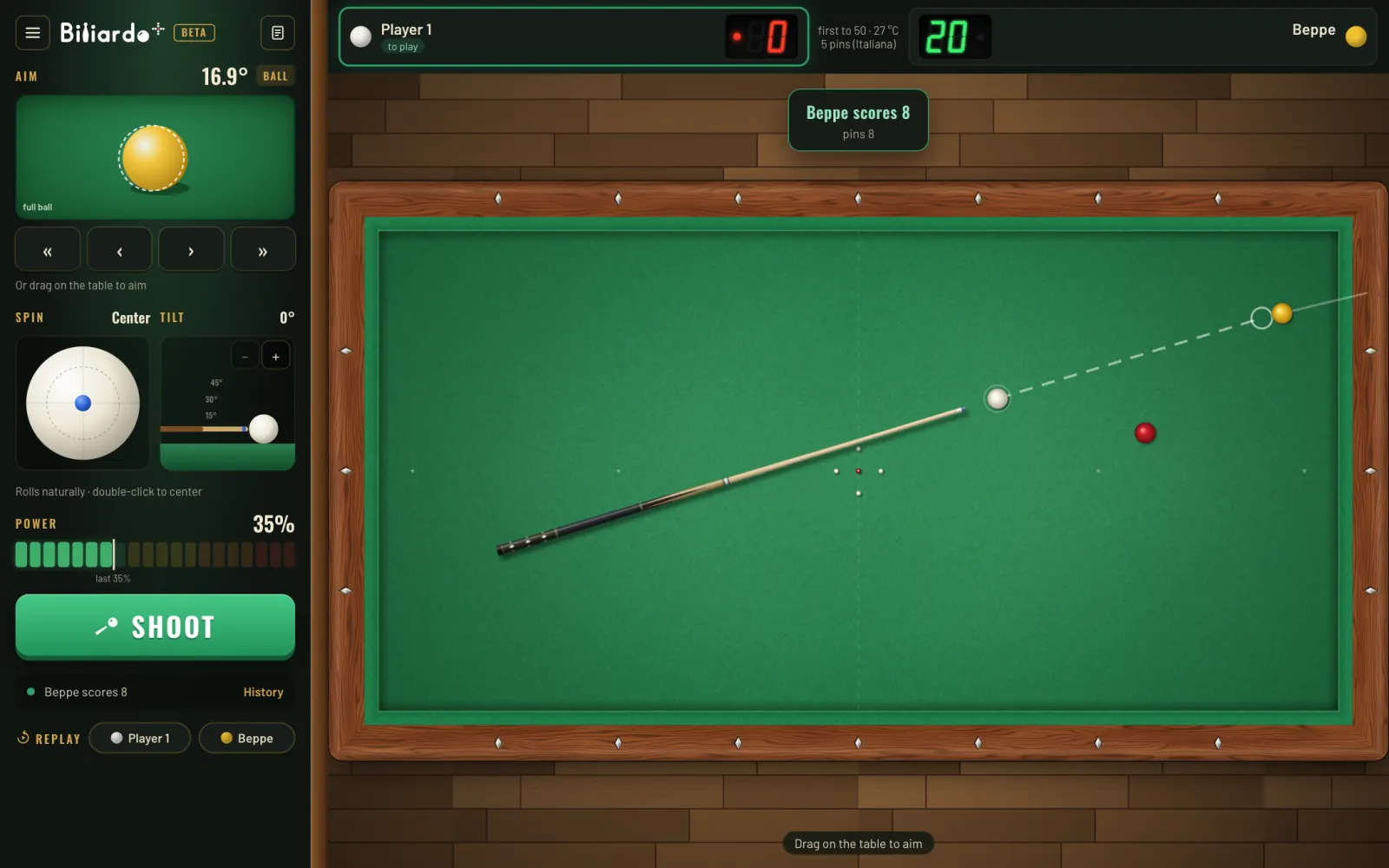 A five pins match in Biliardo Plus: the green table with the pins in the middle, the cue ready to shoot and the scoreboard