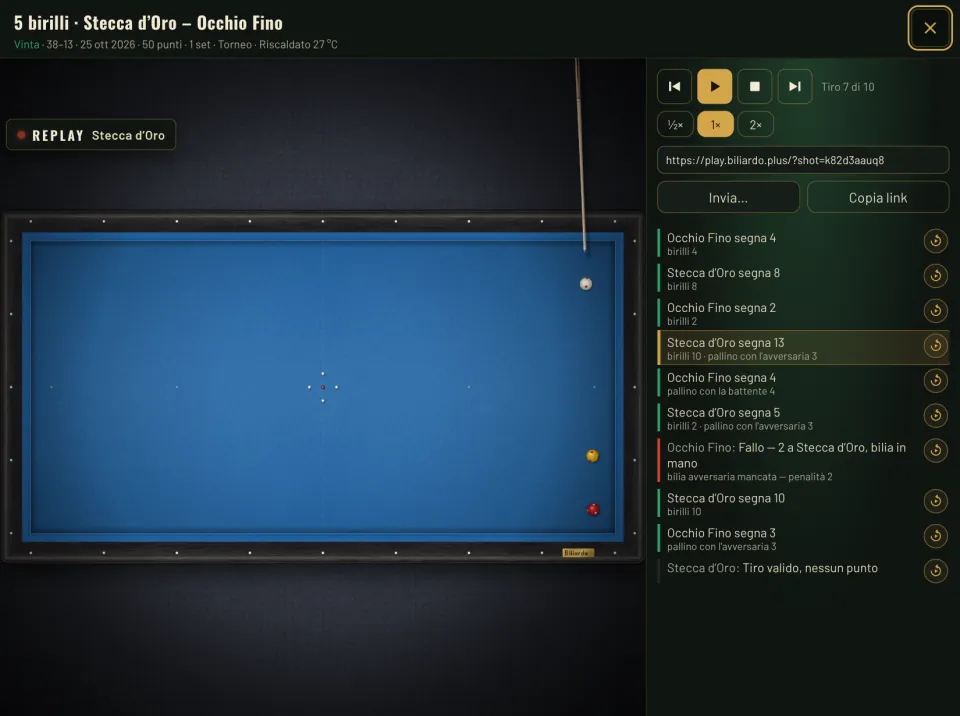 Una partita di 5 birilli rivista da Le mie partite: il tavolo con il replay di un tiro e la stecca pronta a colpire, i comandi per riprodurre i tiri, il link per condividerlo e lo storico della partita con i punti di ogni tiro